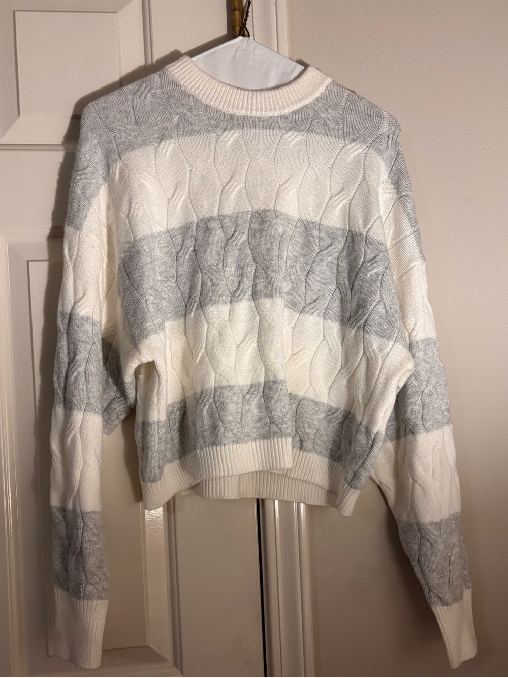 No Boundaries Cream & Light Gray Striped Cable Crewneck Sweater